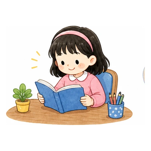 She is reading a book now. illustration
